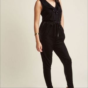 Ruffle V-Neck Jumpsuit in Black Velvet